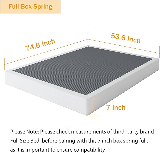 7 Inch Box Spring Full Size Bed Base, 3000 lbs Black Heavy Duty Metal Mattress Foundation with Easy Clean Fabric Cover, No Noise,Easy Assembly