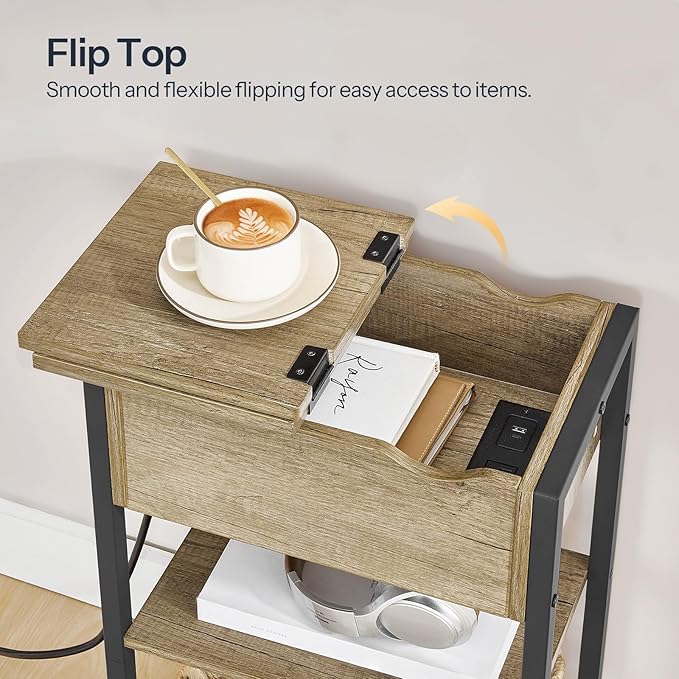 HOOBRO End Table with Charging Station, Narrow Side Table, Flip Top Nightstand with USB Ports and Outlets, Bedside Tables with Shelf for Small Spaces, Living Room, Sunwashed Ash Oak BHH341BZ01