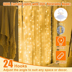 600LED Curtain Lights for Bedroom, 19.6ft x 9.8ft Fairy Curtain String Light with 24 Hooks, 8 Modes Hanging Lights for Wedding, Party, Backdrop, Window, Xmas Decor, Warm White