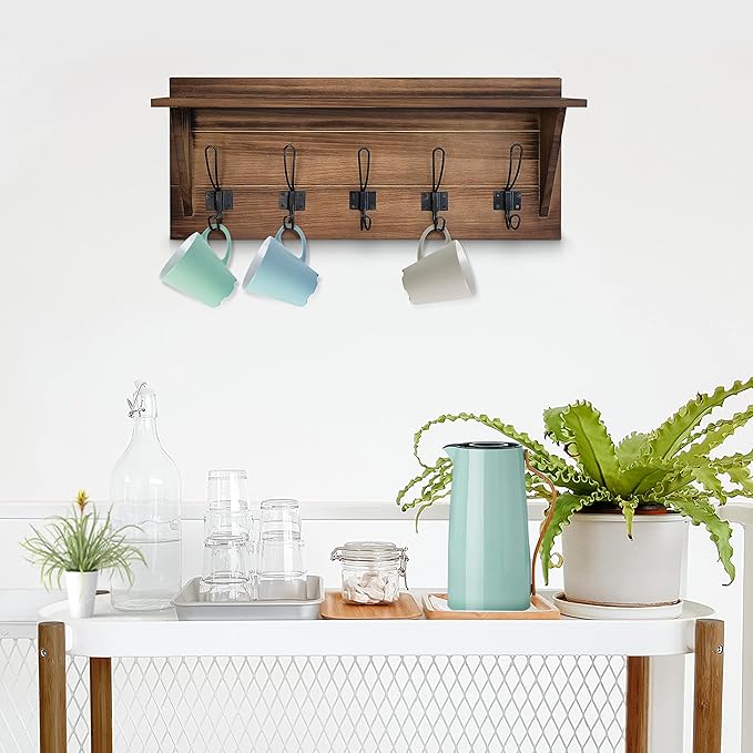 HBCY Creations Rustic Brown Solid Wood Wall Mounted Coat Rack with Shelf, 5 Hooks, 24" Long - Kitchen, Mudroom, Entryway, Bathroom - Includes Mounting Hardware, Coat Hanger, Dog Leash Hooks