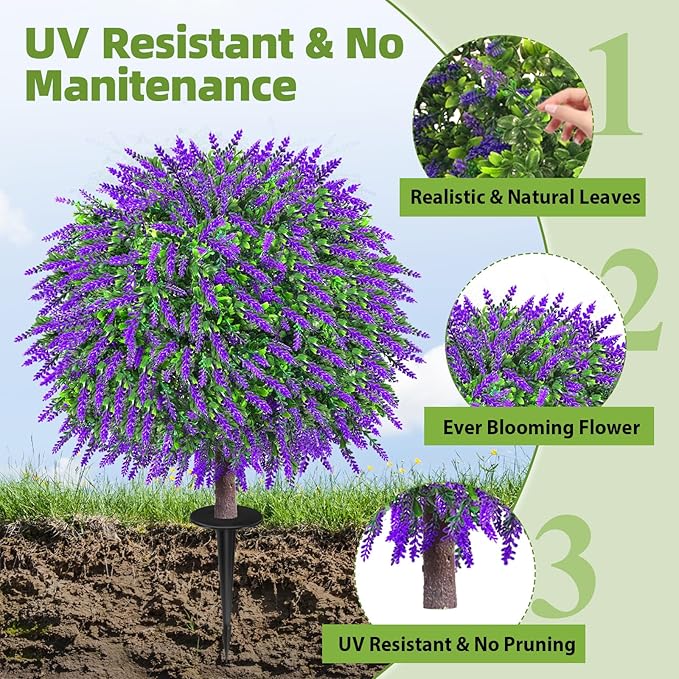 27.5" Artificial Boxwood Lavender Topiary Ball Trees, Set of 2 Fake Shrubs Bushes with Ground Spike, UV Resistant Faux Evergreen Plants for Outdoor Indoor Planters Front Porch Garden Decor