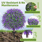 27.5" Artificial Boxwood Lavender Topiary Ball Trees, Set of 2 Fake Shrubs Bushes with Ground Spike, UV Resistant Faux Evergreen Plants for Outdoor Indoor Planters Front Porch Garden Decor