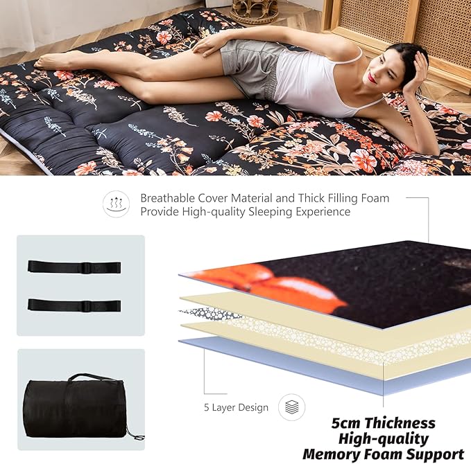 Black Floral Japanese Futon Floor Mattress, Bed Mattress Topper Portable Thick Sleeping Pad Floor Bed Roll Up Camping Mattress Folding Couch Bed Mattress Pad for Guest Room, Twin Size