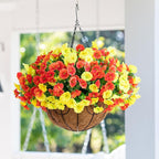 Artificial Fake Hanging Flowers with Basket for Fall Decoration, 12 Bundles Faux Silk Morning Glory Plants for Outdoor Planters, Realistic UV Resistant Artificial Flowers for Outside Porch Garden