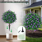 Artificial Purple Flower Boxwood Topiary Ball Trees,2 Set of 16'' UV Resistant Fake Evergreen Shrubs Bushes Plants with Ground Spike, Fake Plants for Outdoor Indoor Front Porch Garden