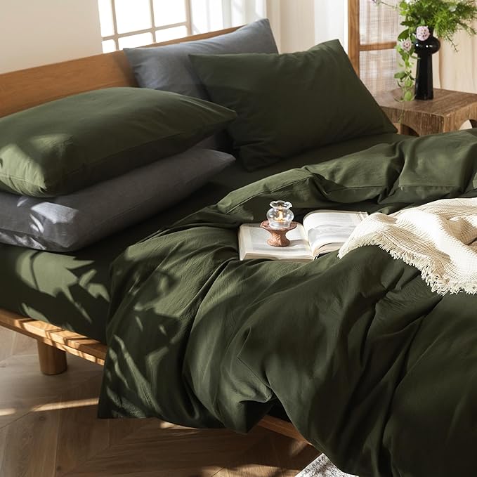 MooMee Bedding Duvet Cover Set 100% Washed Cotton Linen Like Textured Breathable Durable Soft Comfy (Solid Olive Green, Twin 68"x90")