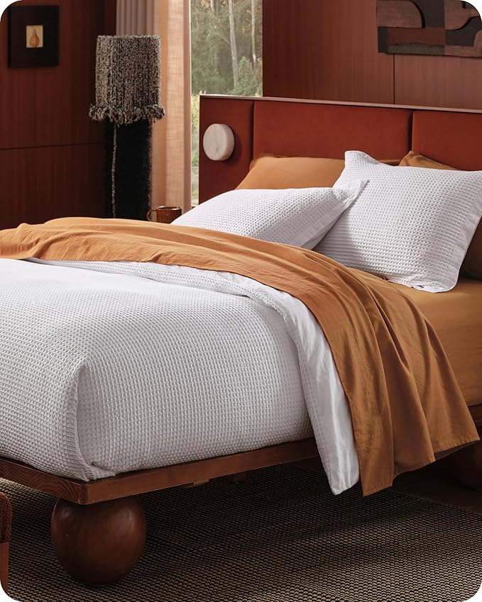 Bedsure Cotton Duvet Cover King - 100% Cotton Waffle Weave Bright White Duvet Cover King Size, GentleSoft™ and Breathable Bedding Set for All Season, 3 Pieces, 104"x90"