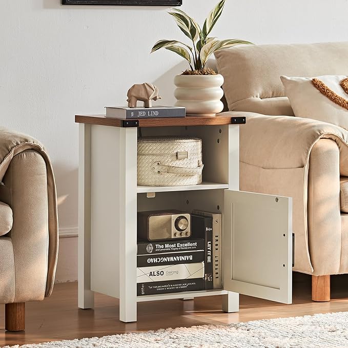 Nightstand with Charger Station and USB Port, 18 Inch Farmhouse Night Stand with Storage Shelf, Modern Couch Side Table with Magnetic Door, Bedside Tables for Bedroom, Home, Antique White