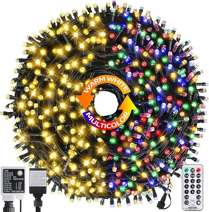 262FT 800 LED Color Changing Christmas Lights Outdoor Indoor, Warm White Multicolor Christmas Tree Lights, Waterproof Fairy String Light Timer Remote, 11 Lighting Modes