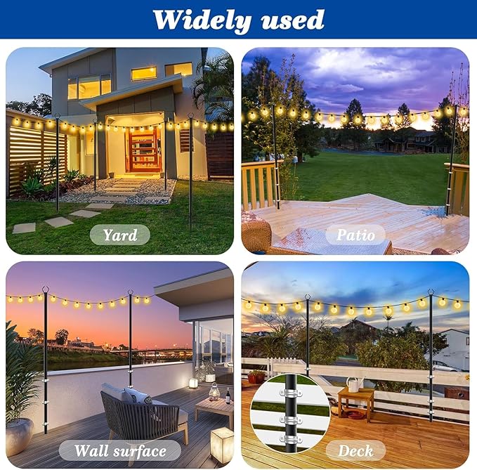 4 Pack 10Ft String Poles, Poles for Outside String Lights,Outdoor with Fork,Metal Poles Stand for Patio,Backyard,Deck