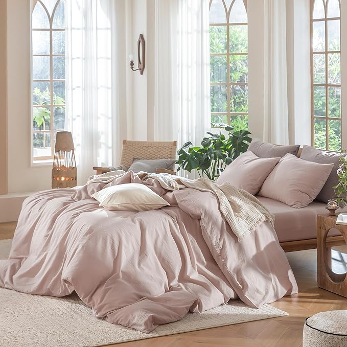 MooMee Bedding Duvet Cover Set 100% Washed Cotton Linen Like Textured Breathable Durable Soft Comfy (Heathered Greyish Pink, King 104"x90")