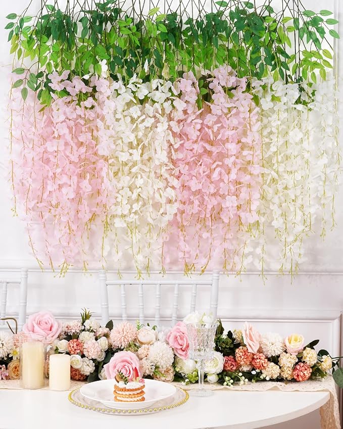 60 Pack White Pink Wisteria Hanging Flowers, Fake Hanging Flowers for Decoration, Artificial Flowers,Vines for Bedroom,Flower Garland for Home,Party,Garden, Wall,Wedding Decoration(3.6 Ft/Pcs)