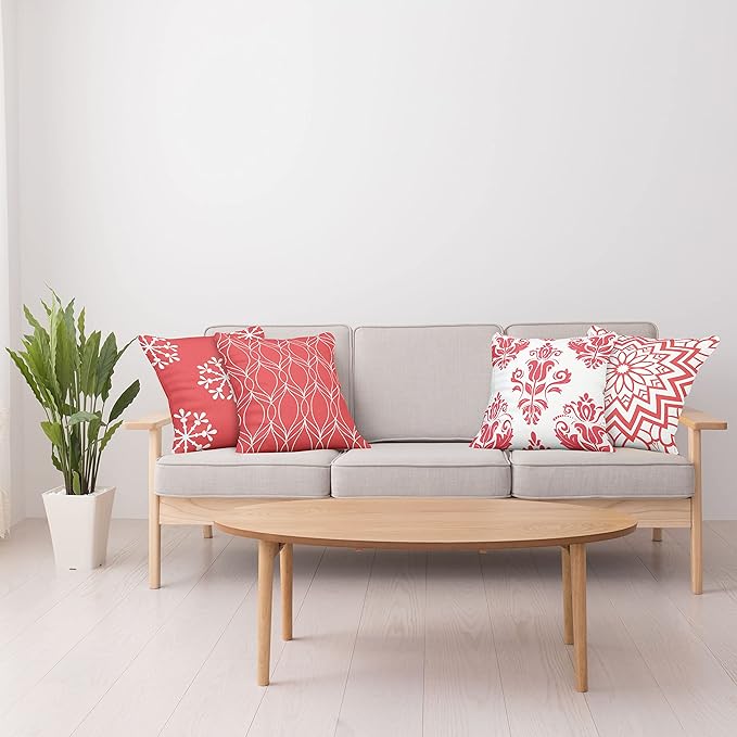 Ambesonne Retro Throw Pillow Cushion Case Pack of 4, Trellis Grid Medieval Floral Damask Mandala Flower Ornament in Modern Monochrome, Modern Accent Double-Sided Digital Printing, 16", Dark Coral