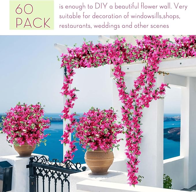 60 Pcs Artificial Faux Bougainvillea Fake Flower Silk Bougainvillea Branches UV Resistant Outdoor Indoor Decoration for Wedding Home Centerpieces Outside Decor (Rose Red)