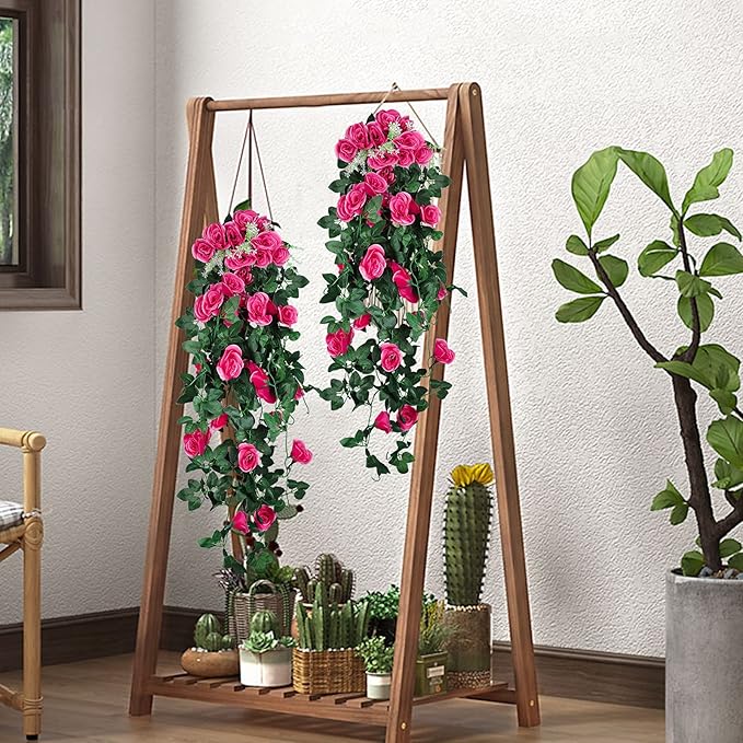 RECUTMS 2PCS Artificial Hanging Flowers 3.3Ft Fake Flower Plants for Home Room Garden Wedding Indoor Outdoor Decoration (Rose Red)