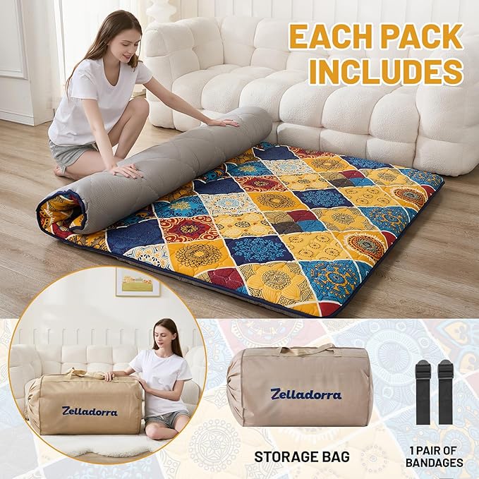 Japanese Floor Mattress Twin, Anti-Slip Japanese Futon Foldable Tatami Mat for Guests, Boho Orange Checkered