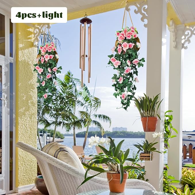 RECUTMS 4pcs Hanging Rose Flower Artificial Plants 32-in Fake Ivy Vine with 30 LED Fairy String Lights Outdoor UV Resistant Plastic Roses for Home Room Wedding Decor (Champagne)