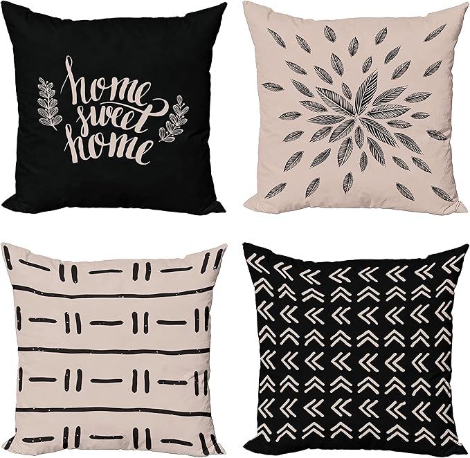 Ambesonne Modern Throw Pillow Cushion Case Pack of 4, Scandinavian Minimal Ornaments Boho Feather Leaves and Home Phrase, Modern Accent Double-Sided Digital Printing, 18", Pale Tan and Charcoal Grey