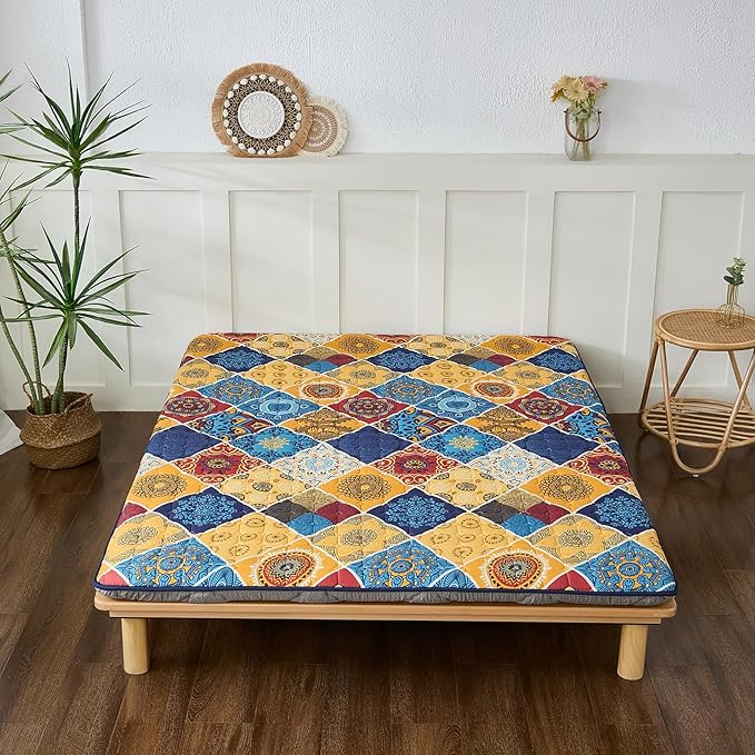 Japanese Floor Mattress Twin, Anti-Slip Japanese Futon Foldable Tatami Mat for Guests, Boho Orange Checkered