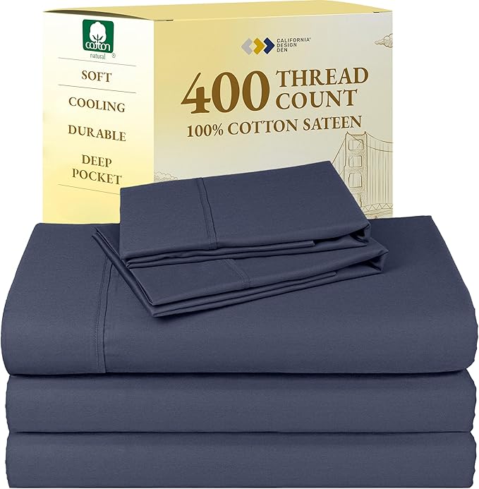 California Design Den Split King Sheets Sets for Adjustable Bed - Soft 400 Thread Count Sateen, Natural 100% Cotton Sheets, Deep Pockets, Breathable, Cooling and Durable Bedding - Indigo Dusty Blue