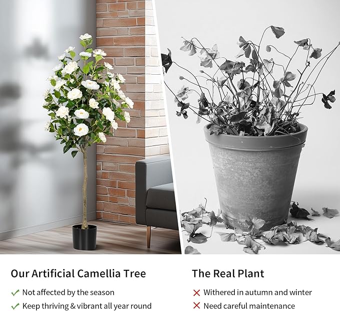 Artificial Camellia Tree 2 Pack, Artificial Plants Outdoor Faux Floral Plant in Cement Pot Fake Silk Camellia Tree Plants for Home House Living Room Office Decor