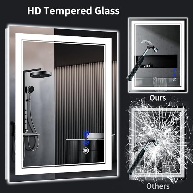 30"x24" LED Bathroom Mirror with Anti-Fog, Stepless Dimmable Lights, 3 Color Modes, Shatter-Proof Tempered Glass, Memory Function & Waterproof Design