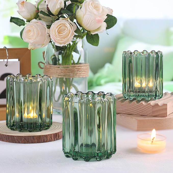 6 PCS Votive Candle Holder, Green Glass Candle Holders, Tealight Candle Holder for Wedding Centerpieces Dinner Party Table Decor