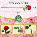 30 PCS Fake Red Roses, Artificial Flowers Bulk Realistic Silk Faux Red Rose with Stems for Wedding Decoration Anniversary Bridal Bouquet DIY Floral Arrangement Romantic Home Decor