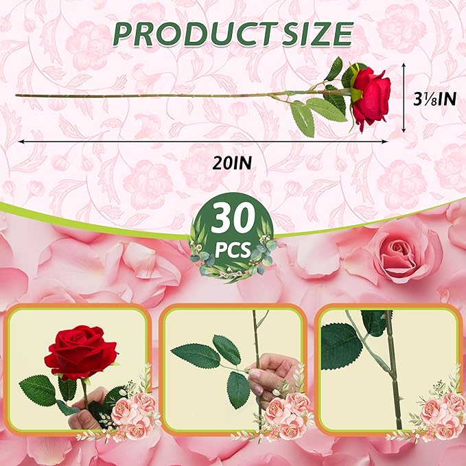 30 PCS Fake Red Roses, Artificial Flowers Bulk Realistic Silk Faux Red Rose with Stems for Wedding Decoration Anniversary Bridal Bouquet DIY Floral Arrangement Romantic Home Decor