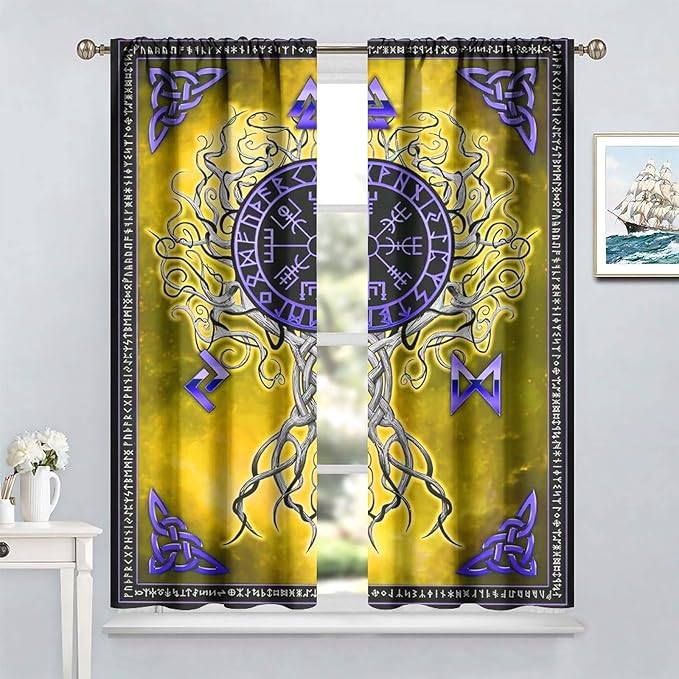 Viking Blackout Curtains Scandinavian Pirate Totem Mythology Golden Tree of Life Printed Curtain Bedroom and Living Room Decoration Blackout Curtains W42 * L54 Inch