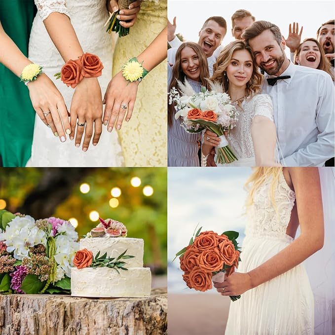 50PCS Burnt Orange Artificial Flowers Realistic Roses, Real Looking Fake Roses with Stem for DIY Wedding Bouquets Centerpieces Bridal Shower Party Home Romantic Decorations (Burnt Orange, 50pcs)
