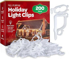 All-Purpose Holiday Light Clips [Set of 200] Christmas Clips, Outdoor Light Clips - Mount to Shingles & gutters - Works with Mini, C6, C7, C9, Rope, Icicle Lights - No Tools Required - USA Made