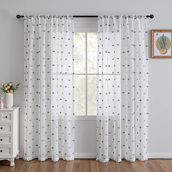 MYSKY HOME White Curtains for Bedroom 72 Inch Length Long Sheer Curtains for Kids Room Nursery Curtains with Grey Patched Design Rod Pocket Privacy Window Drapes Dining Room 52" x 72" 2 Panels