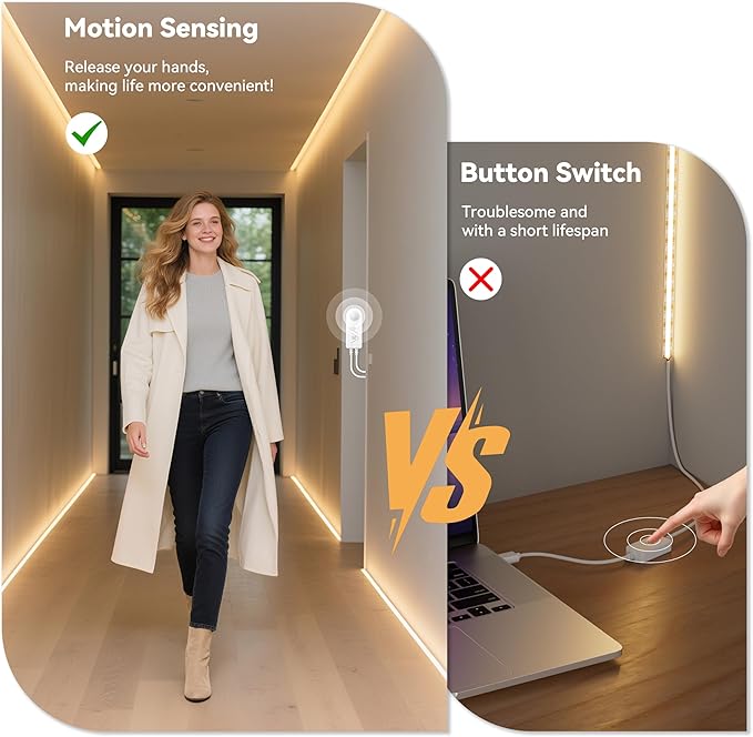 PAUTIX Motion Sensor Strip Lights 24V COB LED Strip Light Motion Activated LED Strip Light 2700K Warm White,20ft Dimmable Super Bright with Dual Lighting Mode,for Under Cabinet,Kitchen,Stairs,Bedroom