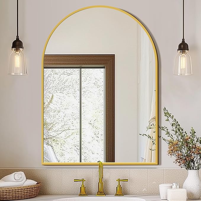 FICTOR Bathroom Vanity Mirror for Wall,40”x30” Large Arched Metal Framed Bathroom Mirror for Over Sink, Entryway, Living Room & Bedroom(Gold)