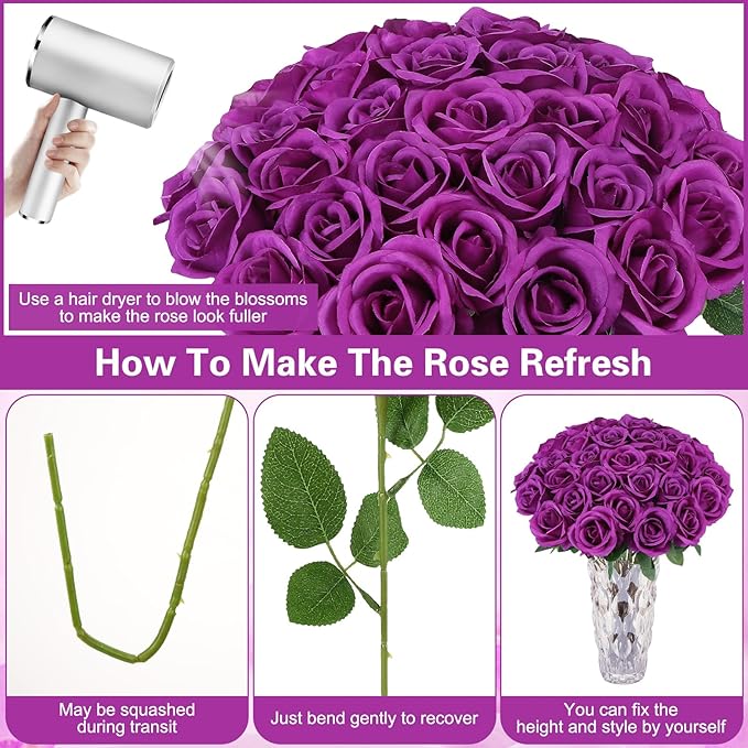 72 Pcs Artificial Roses Purple Fake Silk Roses Realistic Roses Faux Flower Indoor Wedding Home Decor, Birthday Decorations