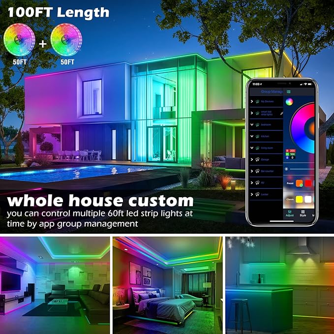 AILBTON Led Lights for Bedroom,100ft Led Light Strip Music Sync RGB Led Strip Lights Built-in Mic,Bluetooth App Control Led Room Lights with Remote,5050 RGB Rope Light