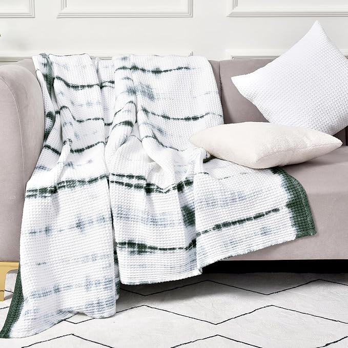 PHF 100% Cotton Tie-dye Waffle Weave Blanket Queen Size,Soft Breathable Skin-Friendly Durable Layering for All Season, Manual Elegant Delicate Pattern for Bed, Home Decor, Couch,Tie Dyed Green, 90x90