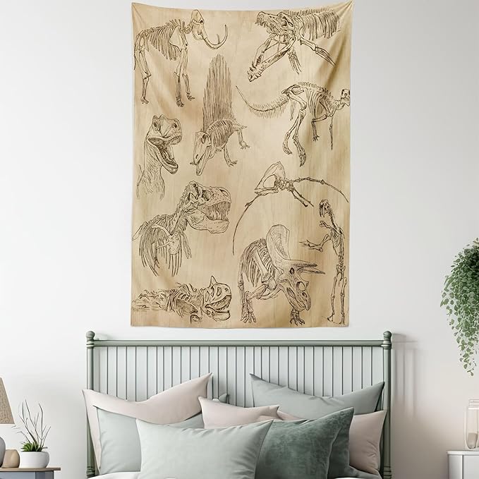 Lunarable Dinosaur Tapestry, Hand Drawn Style Skeletons Bones from Medieval Times Archeology Theme, Fabric Wall Hanging Decor for Bedroom Living Room Dorm, 23" X 28", Sand Brown Army Green