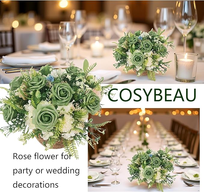 Artificial Rose Flowers 25pcs, Military Green Foam Fake Rose Faux Flower for Wedding Bouquets Bridal Shower Centerpieces Floral Arrangements Home Decorations Party Backdrops Table