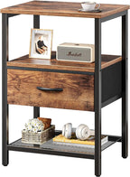 Huuger Night Stand with Fabric Drawer, Side Table with Mesh Shelf, Bedroom Nightstand, Fabric Drawer Dresser, Open Shelf, Metal Frame, Couch Side, Rustic Brown