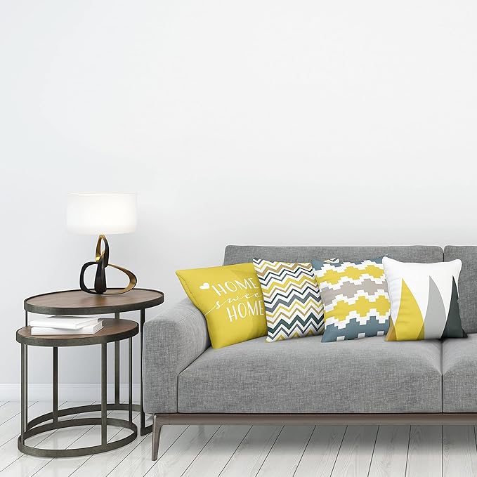 Ambesonne Modern Throw Pillow Cushion Case Pack of 4, Geometric Style Pattern of Triangles Zigzags Love Home Phrase Print, Modern Accent Double-Sided Digital Printing, 24", Yellow Slate Blue and Tan