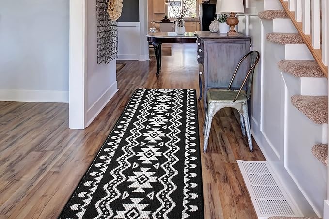 Custom Length Cut to Size Tribal Ethnic Southwestern Inspired Hallway Runner Rug, Non Slip Rubber Backed, 31 inch Wide X Customized Length, Aztec Black, 31 inch X 23 feet