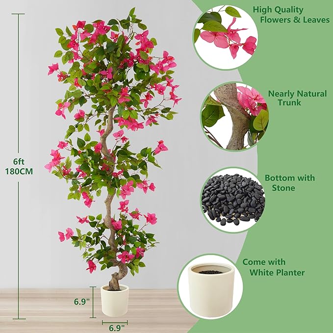 6ft Artificial Bougainvillea Tree, Fake Bougainvillea Pink Flower Silk Plant in White Planter, Faux Blooming Topiary Tree for Indoor Outdoor Home Office Wedding Décor