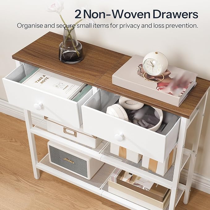 HOOBRO 29.5" Narrow Console Table with 2 Fabric Drawers, Sofa Table, Small Entryway Table with 3-Tier Storage Shelves, Behind Couch Table, for Living Room, Hallway, Walnut and White WH72XG01