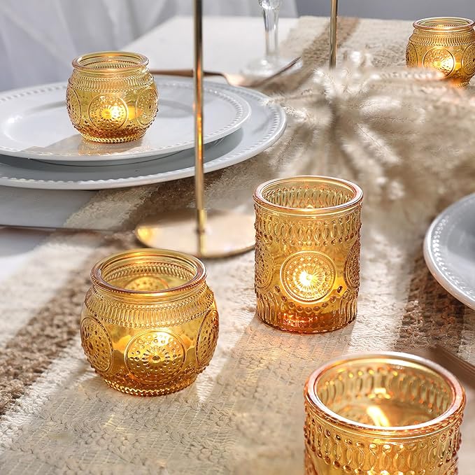 36 Pcs Amber Glass Candle Holders - Fall Votive Candle Holders for Party Decorations, Thanksgiving & Christmas Table Centerpieces