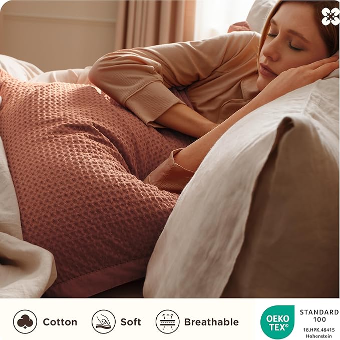 Bedsure Cotton Duvet Cover Queen - 100% Cotton Waffle Weave Burnt Orange Duvet Cover Queen Size, GentleSoft™ and Breathable Bedding Set for All Season, 3 Pieces, 90"x90"
