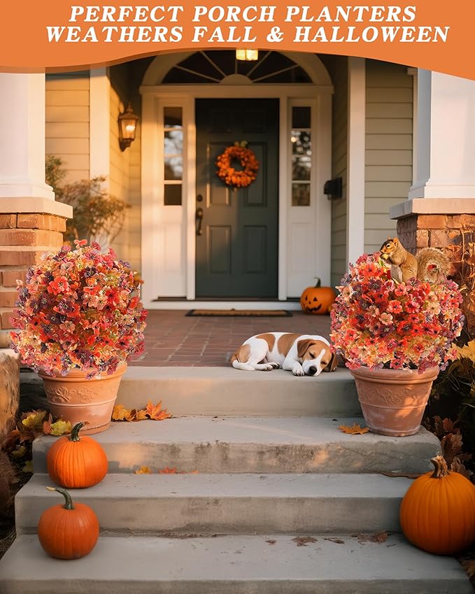 Artificial Mums Topiary Ball Tree With Flowers for Outdoors Fall Decor,Orange UV Resistant Fake Plants With Ground Spike Autumn Decorations for Home,Front Porch,Garden,Thanksgiving,Planters
