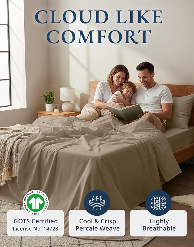 LANE LINEN 100% Organic Cotton Sheets Set, Long- Staple Percale Weave Ultra Soft Best- Bedding Sheets for Bed, GOTS Certified, Fits Mattress Upto 15inch Deep Pocket (King, Taupe)