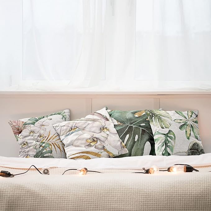 Ambesonne Vintage Tropical Throw Pillow Cushion Case Pack of 4, Retro Botanical Summer Vibes Monstera Leaf Orchid Flowers, Modern Accent Double-Sided Digital Printing, 20", Laurel Green Ginger Blush